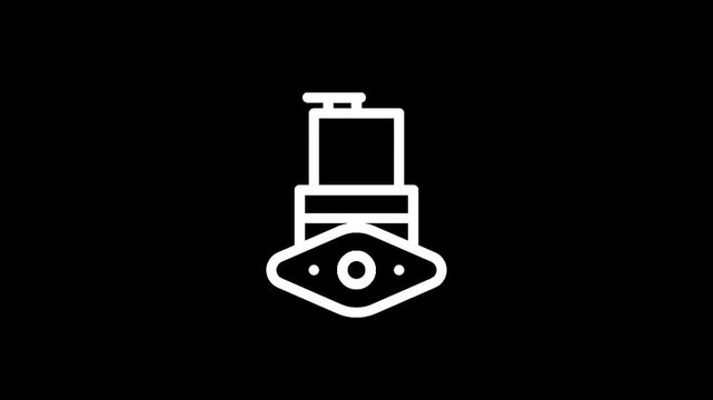 Stylized white outline icon of a vintage train steam engine on a black background