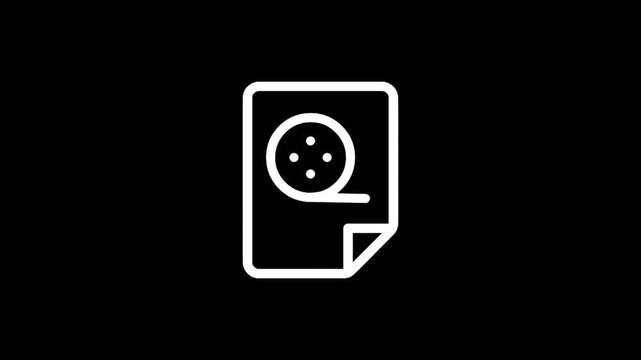 Simple white icon of a film reel on a document page against a black background