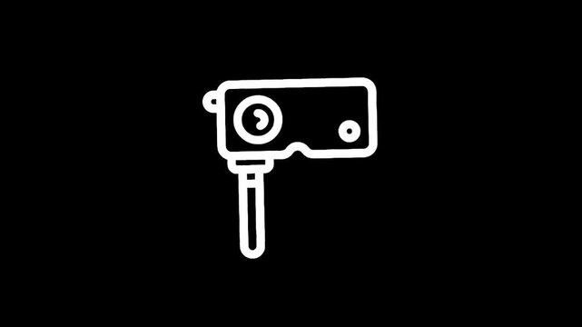 Simple white line icon of a vintage movie camera on a black background