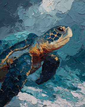 Sea turtle impressionist oil painting in textured blue colors representing coastal marine nature