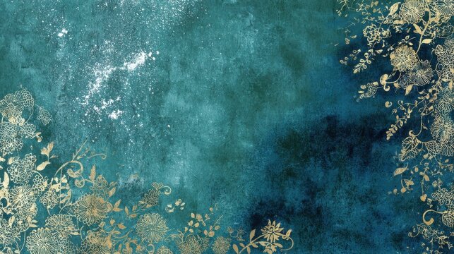 Abstract teal background with gold accents and textured design