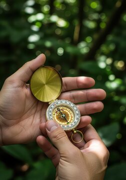 Hands hold a vintage brass compass in a lush outdoor forest setting.