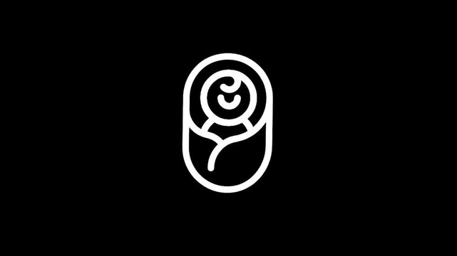 Simple white line art icon of a newborn baby wrapped in a blanket on a black background