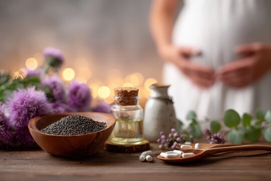 Pregnant Woman with Natural Health Supplements and Chia Seeds