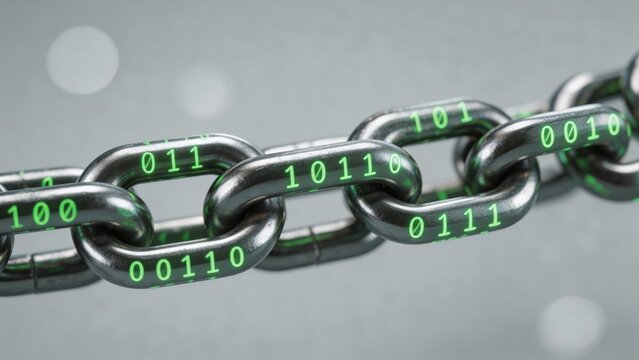 A detailed of a chain with binary code, representing the intersection of physical and digital security.