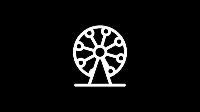 Simple white ferris wheel icon on a black background, minimalist amusement park symbol