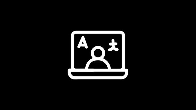 Online language learning icon with person and characters on laptop screen