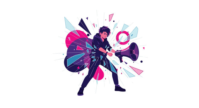 An energetic anime character in a black hoodie stands dynamically while holding a large purple megaphone against an abstract background of exploding geometric shapes.