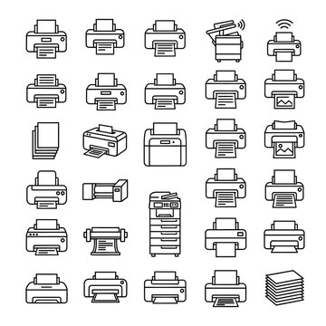 Various printers and printer-related icons are shown in a collection.