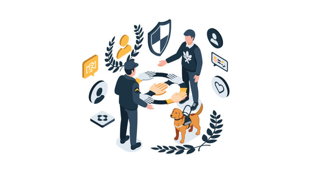 An isometric illustration depicts a police officer and a civilian shaking hands with a service dog present, surrounded by icons of trust, community, and support.