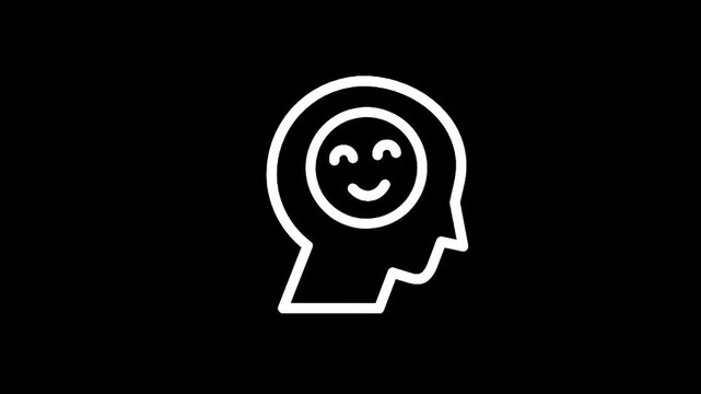 Happy face inside human head outline, representing positive thoughts and mental well-being