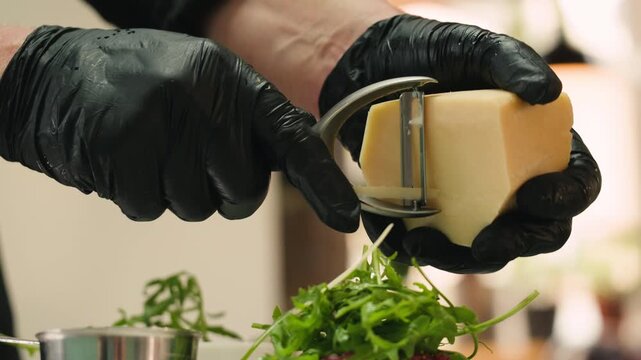 Chef cooking Caesar salad with grilled chicken and cheese parmesan