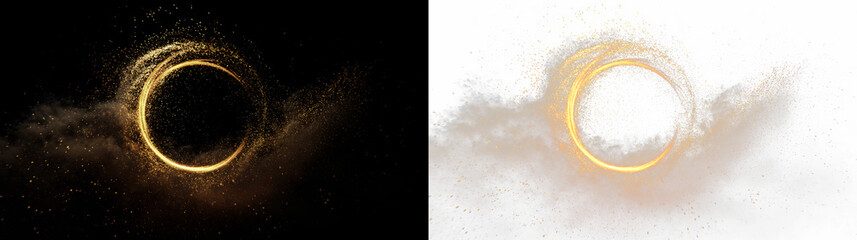 Swirl of dust and gold dust forms a circle isolated on transparent and black background, during a creative art session, light overlay, PNG
