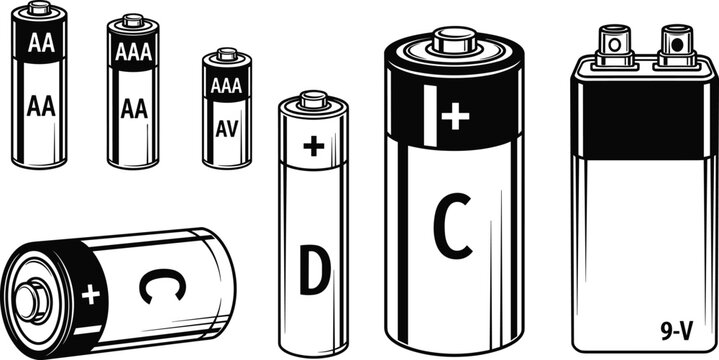 Battery Types Illustration Set Featuring AA, AAA, C, D, and 9V Power Cells in Detailed Technical Line Art Style for Electronics and Energy Design Concepts
