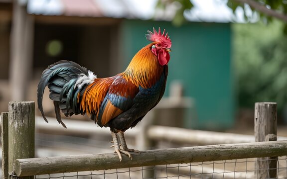 Rooster standing inside a fenced enclosure with green background
