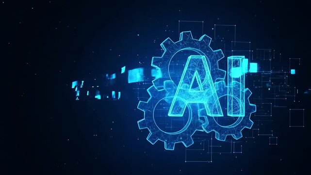 Futuristic AI concept with glowing gears and digital data stream on dark background