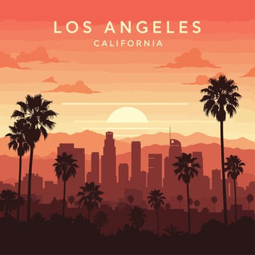 Sunset view of Los Angeles cityscape with palm trees and mountains