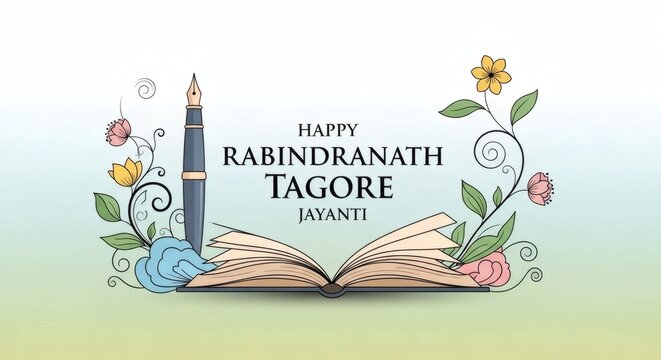 Rabindranath Tagore Jayanti Book and Flowers Line Art