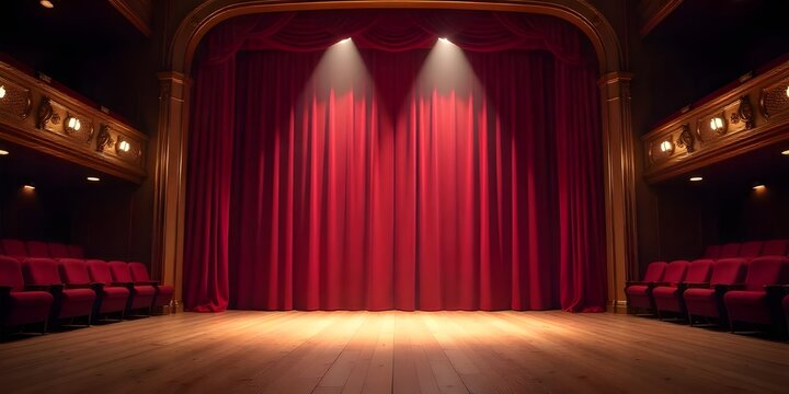 Empty theater stage with red velvet curtains and spotlights performance space event venue stage lighting performance area theater interior curtains spotlight lighting performance auditorium