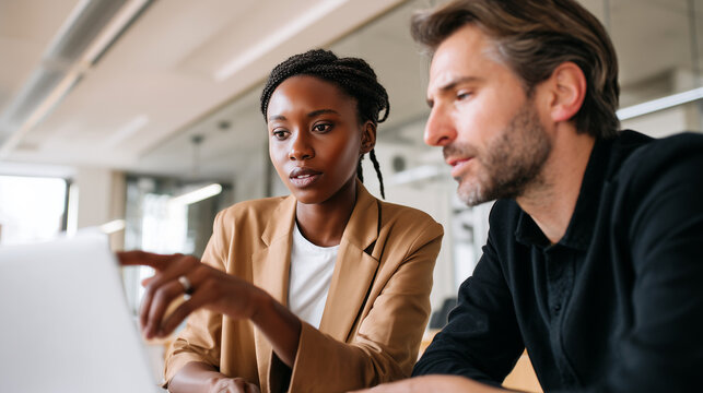 Confident Black businesswoman in beige blazer pointing at laptop screen while explaining to male colleague, representing gender equality, diversity, leadership, professional teamwork in modern office.
