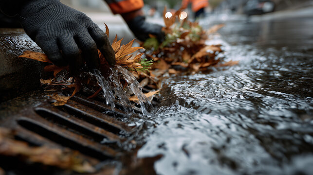 Workers in black gloves lifting wet autumn leaves from a flooded storm drain grate, as water streams through. Urban drainage maintenance restoring flow after heavy seasonal rain.