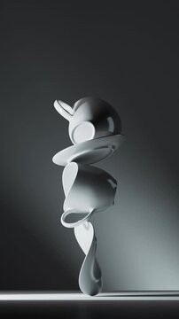 A vertical stack of white cups rolls with extreme precision. The minimalist 3D render is clean and visually satisfying. 3D render motion.