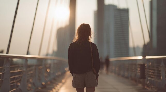 Young woman walking on a bridge. she is wearing a black jacket and beige shorts. her long hair is blowing in the wind and she is looking towards the horizon.