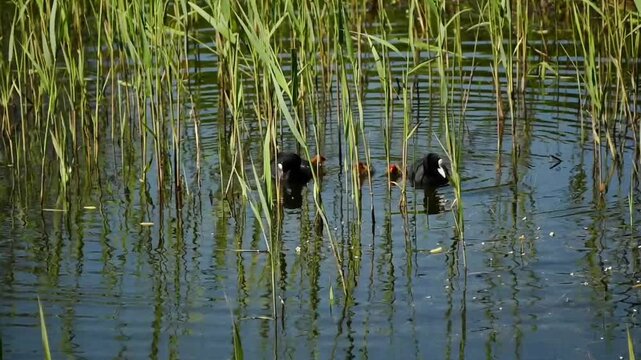 eurasian coot couple and their chicks, swimming and diving in the marsh, Bourgoyen nature reserve, Ghent, Flanders, Belgium - fulica atra