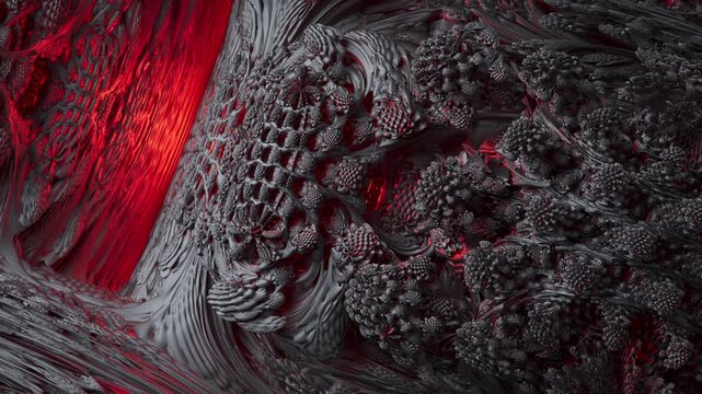 3D animated fractal landscape in gray and red tones with dramatic inner lighting. Dense organic structures and glowing crimson accents for sci-fi and horror visuals.