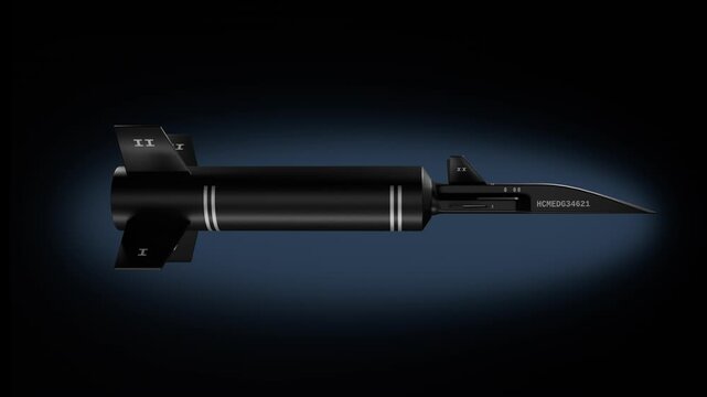 3D animation of a hypersonic missile concept that rotates 360 degrees. A black rocket in a seamless loop.