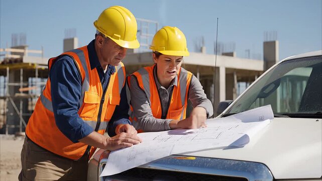 Two Construction Workers Examining Blueprints on a Vehicle Hood at a Building Site