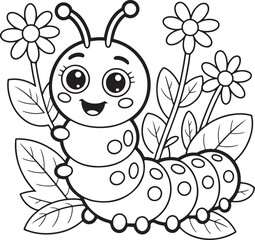 Fototapeta premium An adorable cartoon caterpillar with antennae stands among beautiful blooming flowers and leaves