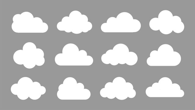 Collection of white cloud shapes vector isolated on grey background. Cloud icon set. Simple cloud design.