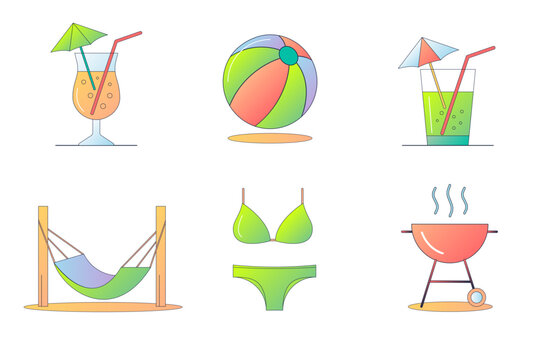 Summer Activities Icons Set Beach Leisure, Drinks, BBQ, Swimwear Gradient Vector Icons