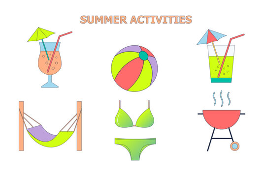 Modern summer activities icons set in soft gradient style. Collection includes cocktails, beach ball, hammock, barbecue grill and swimwear. Perfect for vacation ads, social media, travel websites, sea