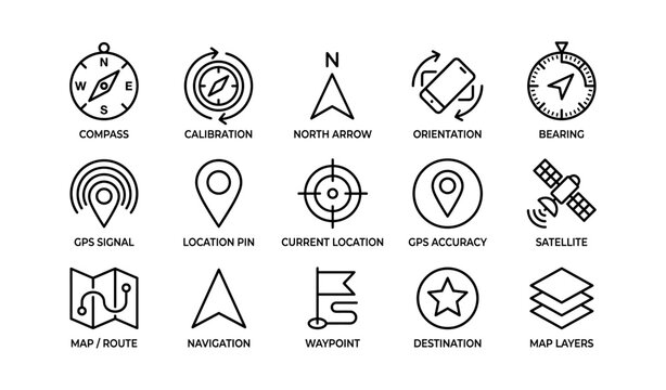 Navigation and gps icon set displayed in grid layout