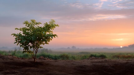 Fototapeta premium A delicate sapling planted in dark soil stands against a beautiful colorful sunrise or sunset sky