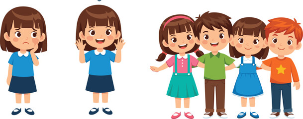 Obraz premium Cute children characters showing emotions and friendship with happy sad and smiling cartoon kids vector set