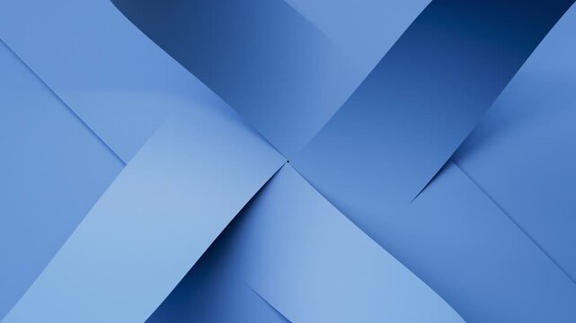 Intersecting blue sheets cross and tilt while corners lift to reveal crisp shadows. Modern motion background with architectural feel. 3d render animation.