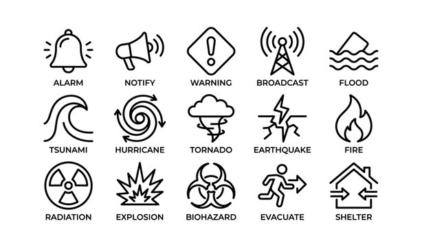 Emergency and hazard icons depicting alerts and disaster symbols
