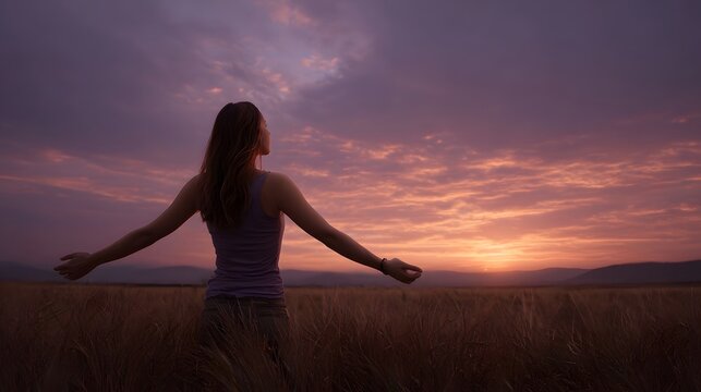 A solitary figure standing in a vast grain field arms outstretched to embrace the vibrant colors of a setting sun