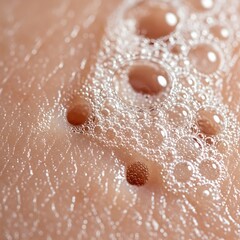 Fototapeta premium Extreme close-up of soapy water bubbles forming on human skin texture