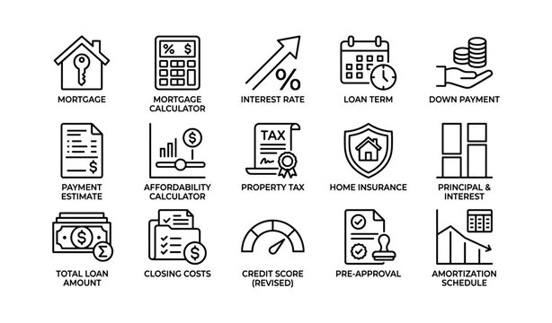 Mortgage icons showing loan terms and calculations on grid