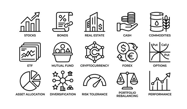 Investment icons illustrating asset classes and portfolio concepts