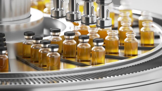 Yellow medicine bottles moving on a conveyor belt. Pharmaceutical manufacturing loop animation with golden liquid.