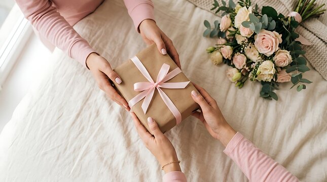 Top view of hands giving a wrapped gift box with pink ribbon and rose bouquet on soft bed background celebration