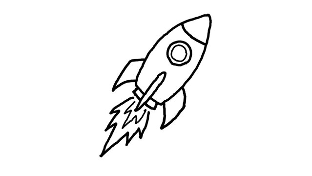 Hand drawn rocket ship launching sketch isolated on alpha transparent background