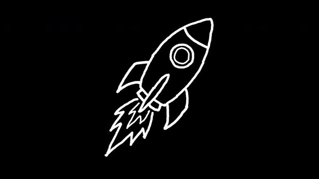 Hand drawn rocket ship launching sketch 4k animated video, alpha transparent video