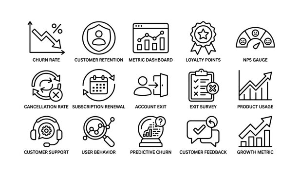Customer churn and retention icons displayed on white background