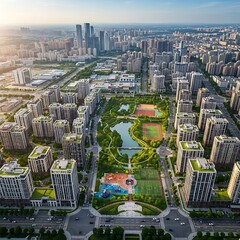 Fototapeta premium Expansive city skyline with park, lake, residential, and sports facilities